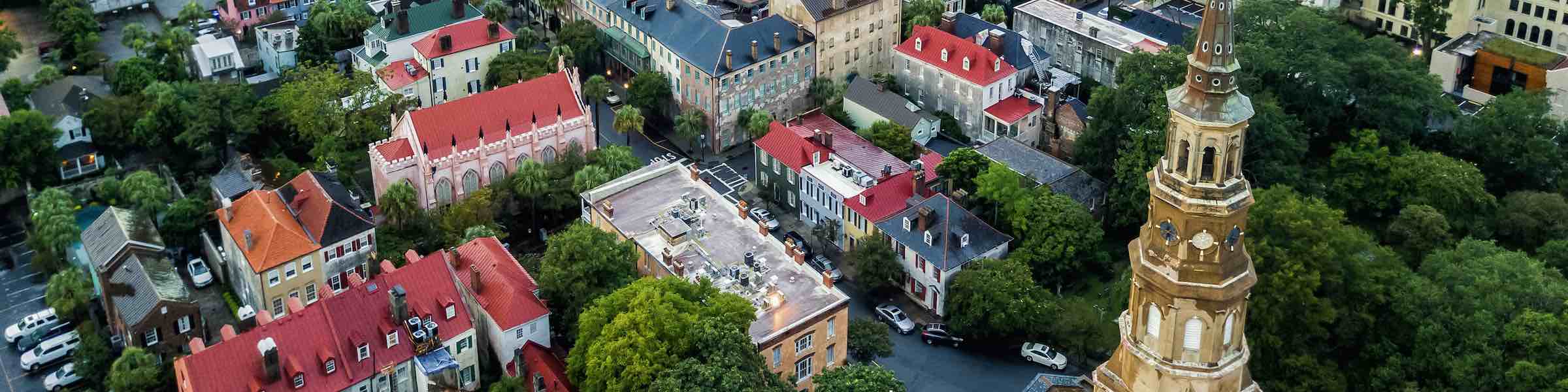Aerial view of the French Quarter and Historic District at Charleston, SC.