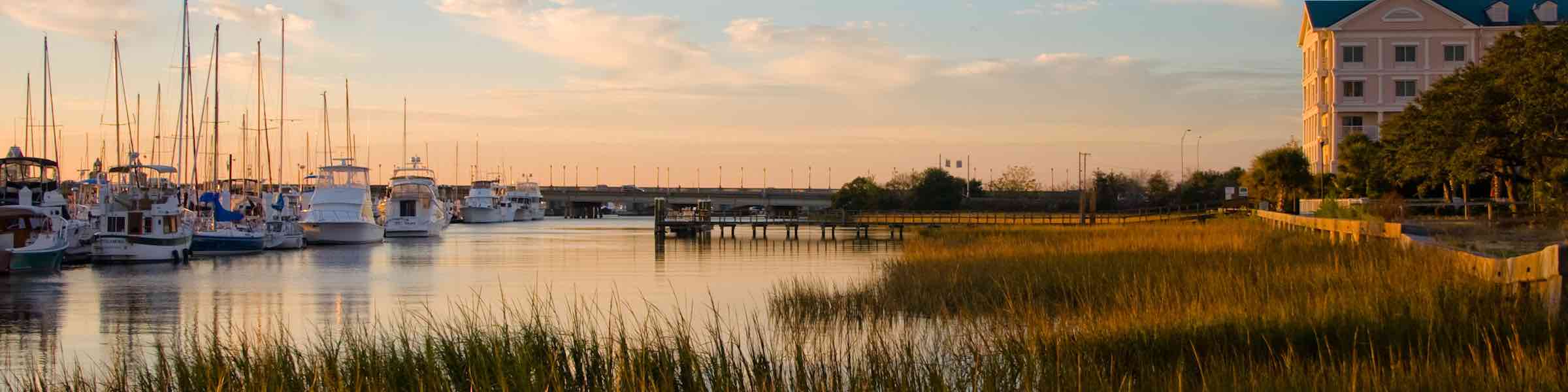 Evening view of the Charleston Marina in fall