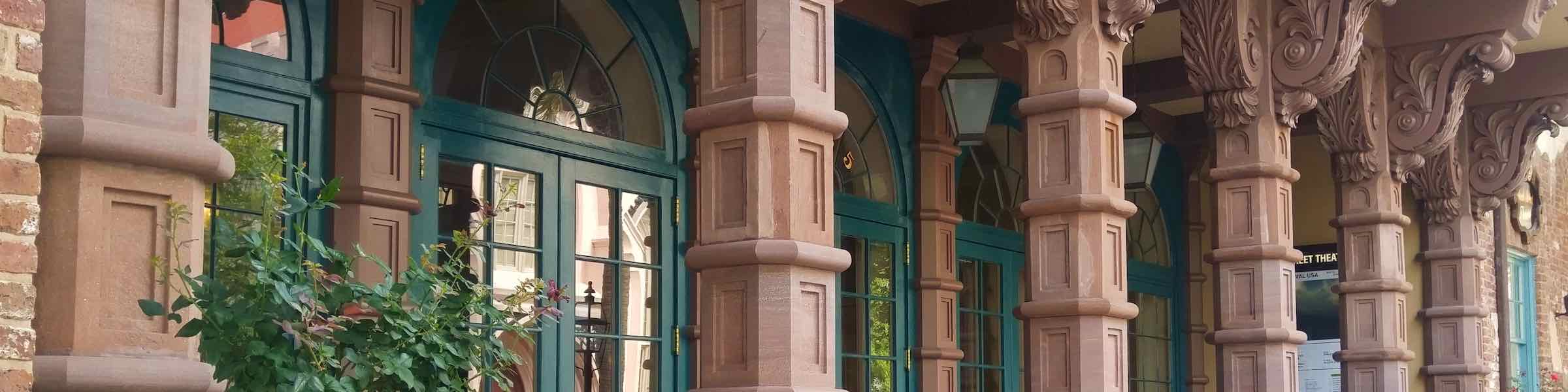 Pillars on the facade of the Dock Street Theatre, Charleston, SC.