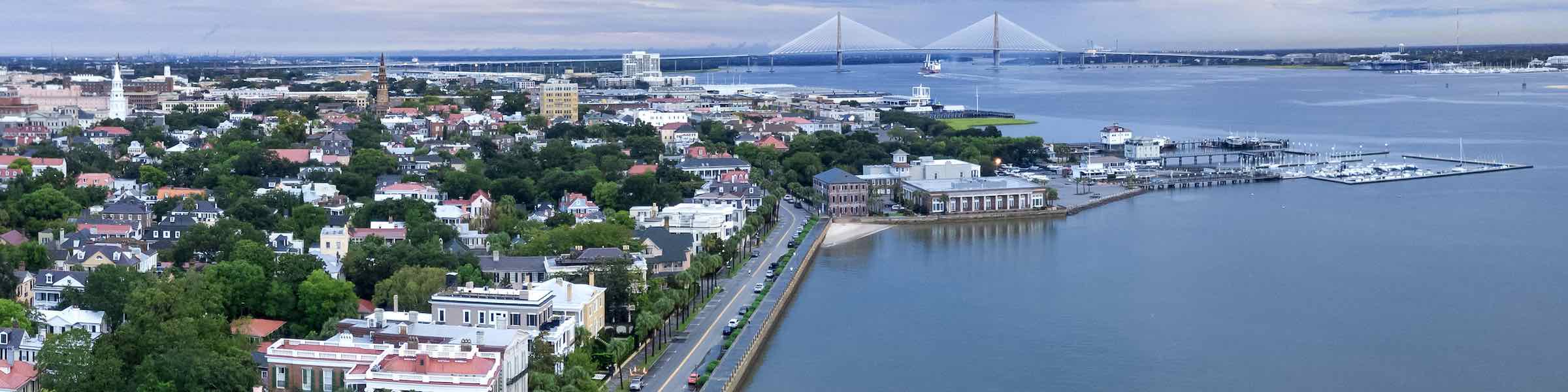Aerial view of East Battery and the Charleston Harbor.