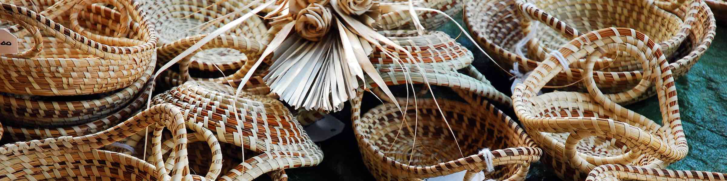 Display of traditionally-made sweetgrass baskets, Charleston, SC.